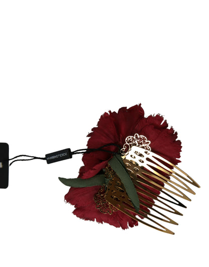 Peineta para el cabello de mujer de latón dorado con flores de seda roja
