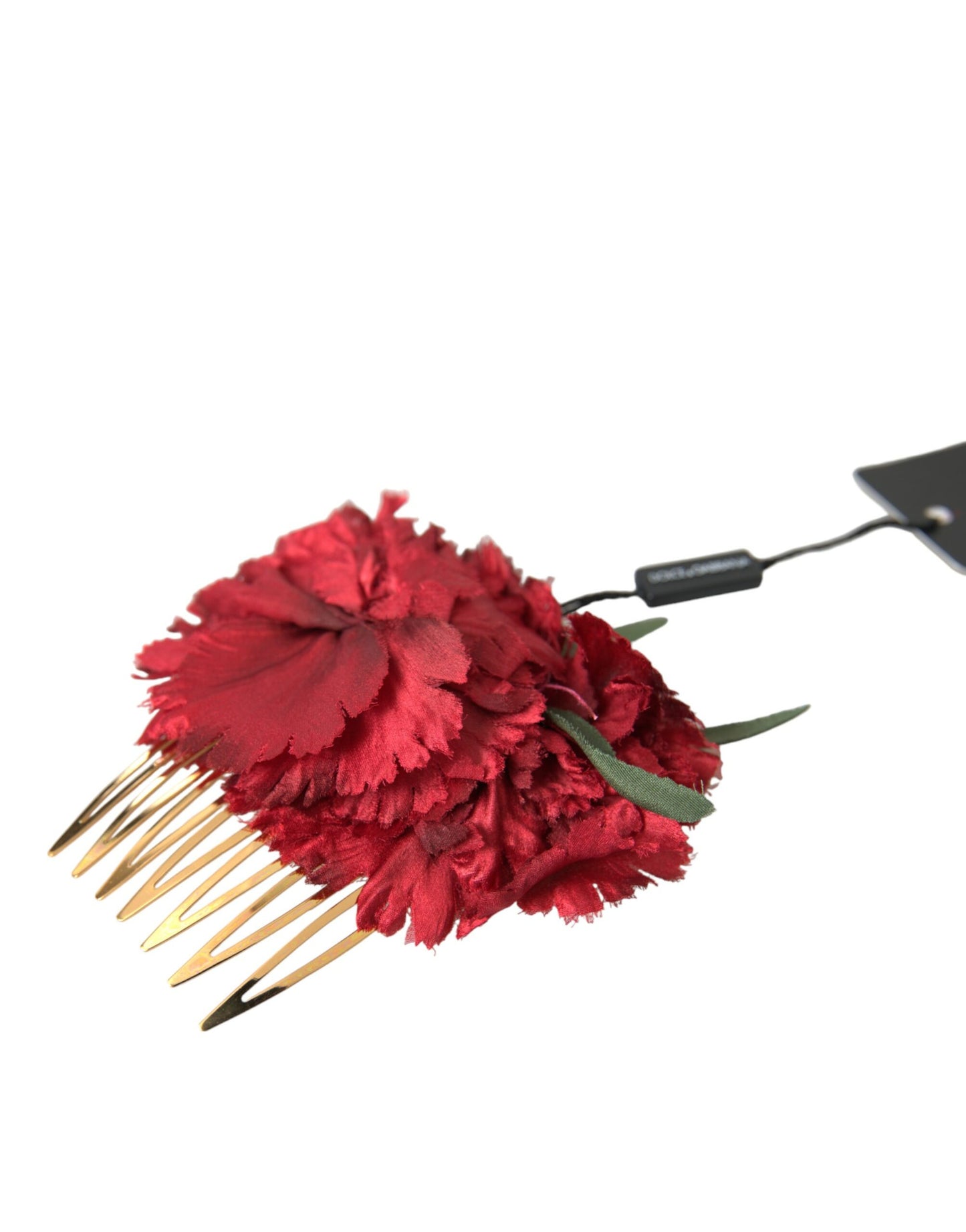 Peineta para el cabello de mujer de latón dorado con flores de seda roja