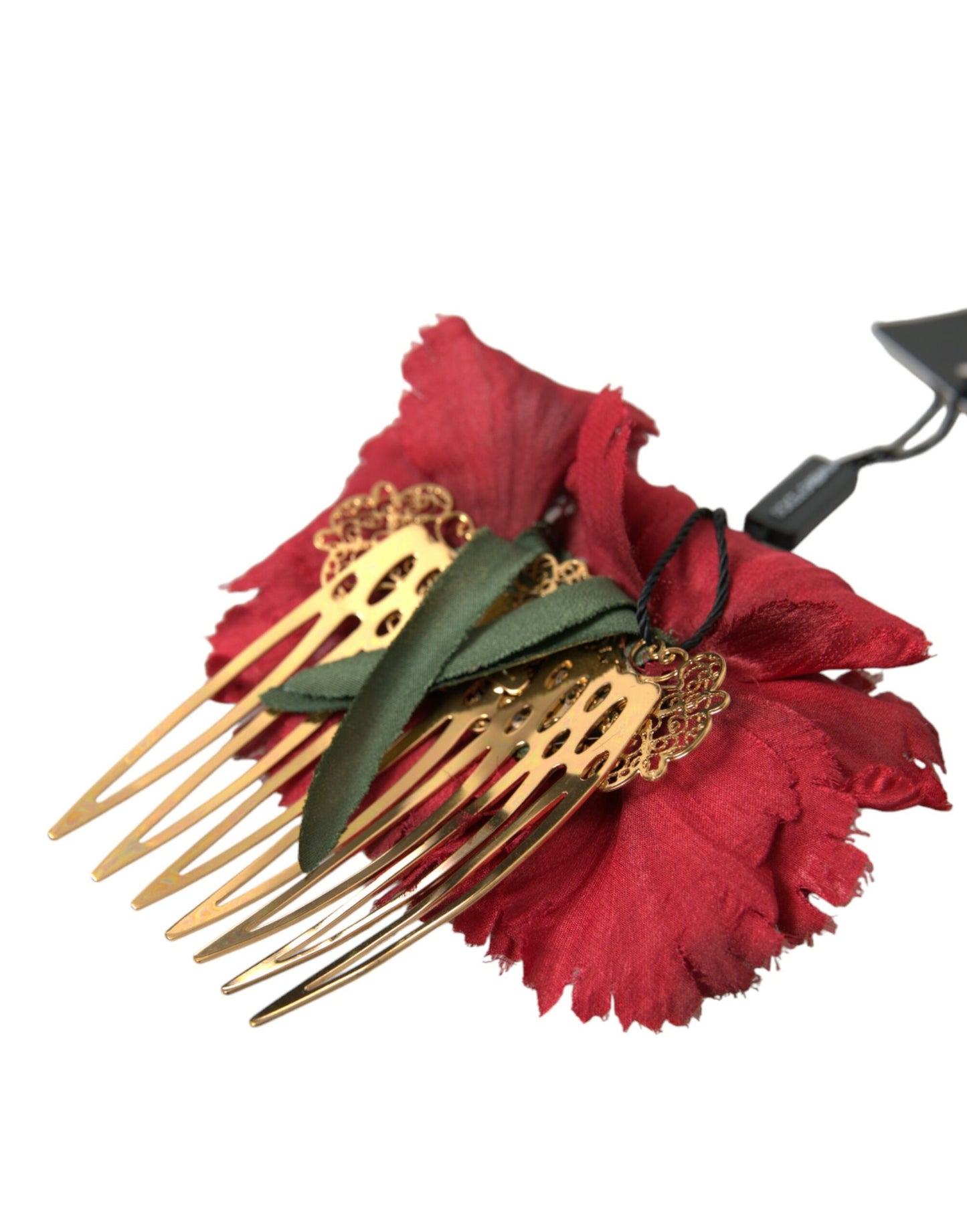 Peineta para el cabello de mujer de latón dorado con flores de seda roja