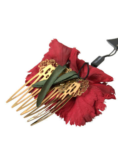 Peineta para el cabello de mujer de latón dorado con flores de seda roja
