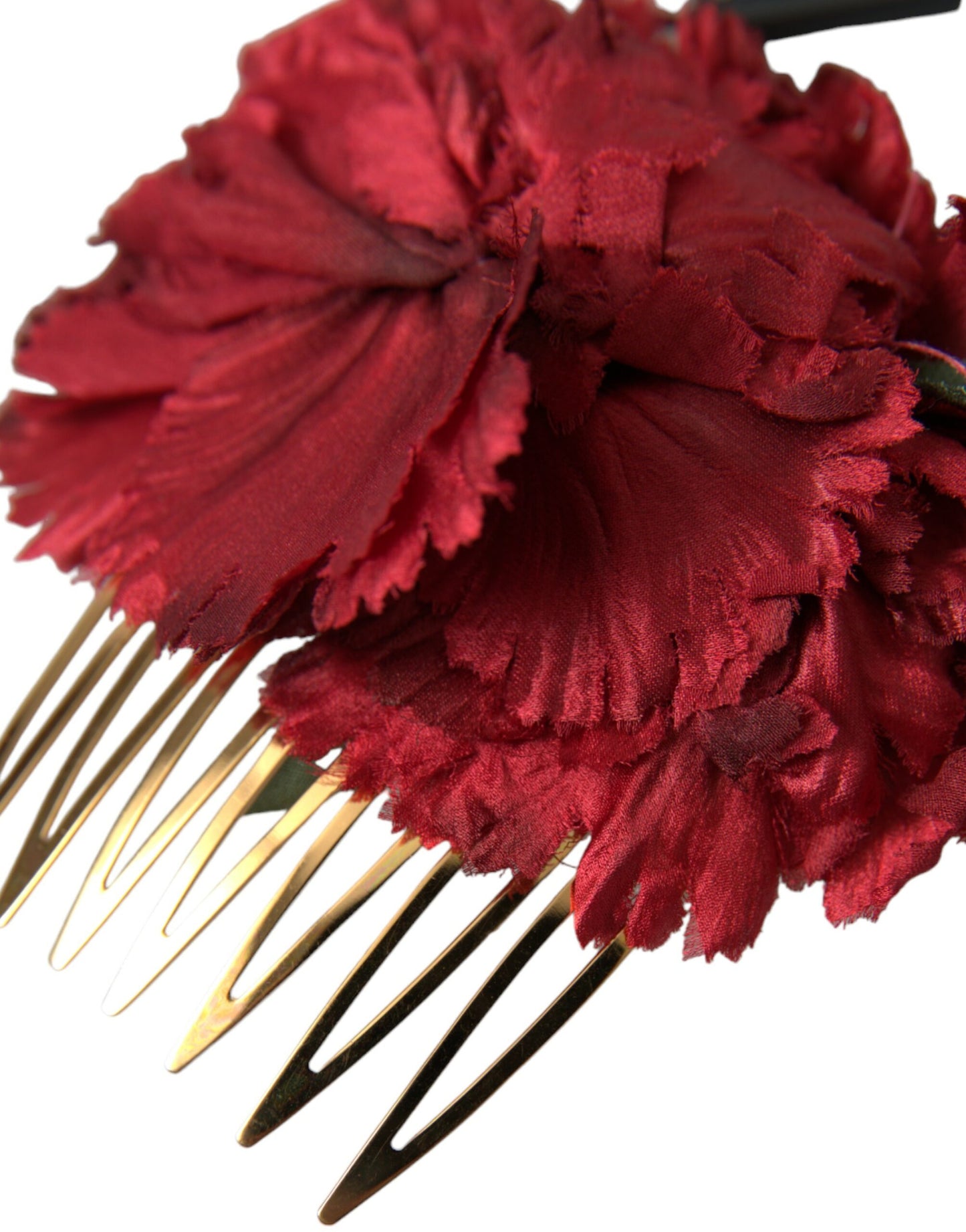 Peineta para el cabello de mujer de latón dorado con flores de seda roja