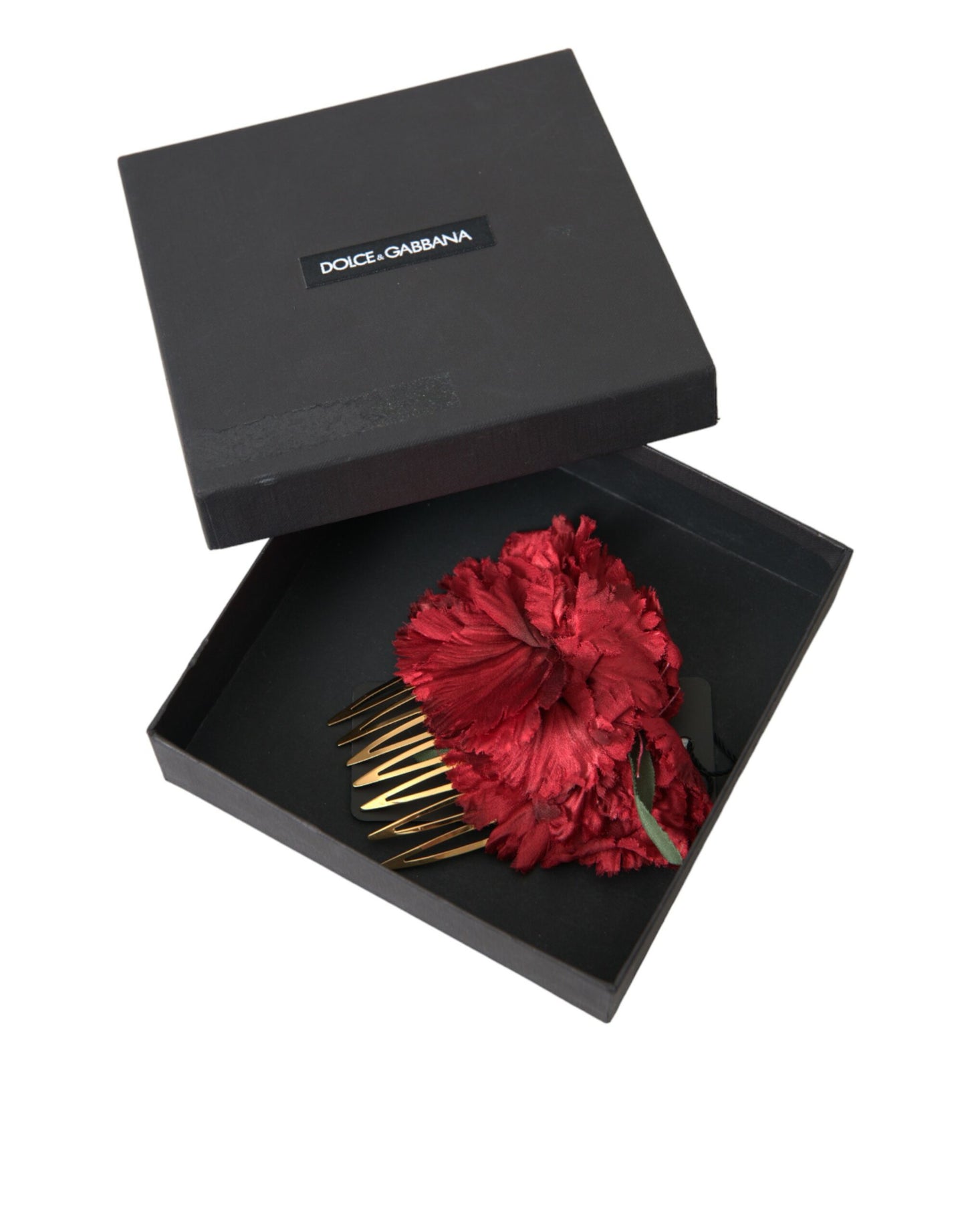 Peineta para el cabello de mujer de latón dorado con flores de seda roja