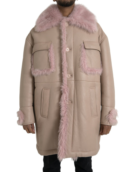 Chaqueta de piel de cordero beige y rosa