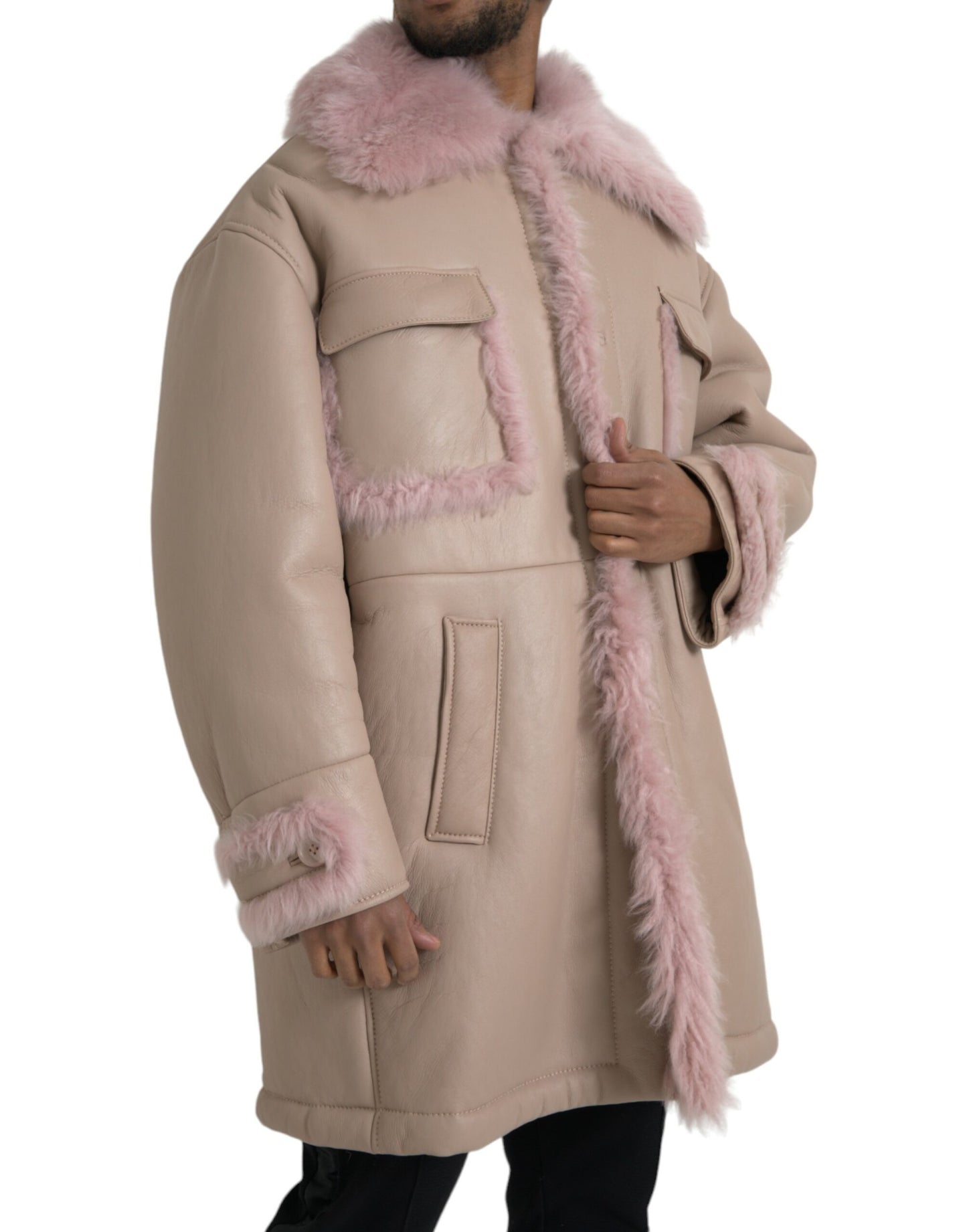 Chaqueta de piel de cordero beige y rosa