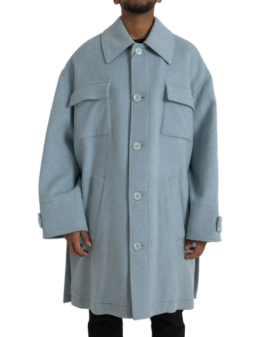 Chaqueta gabardina de lana azul claro con botones