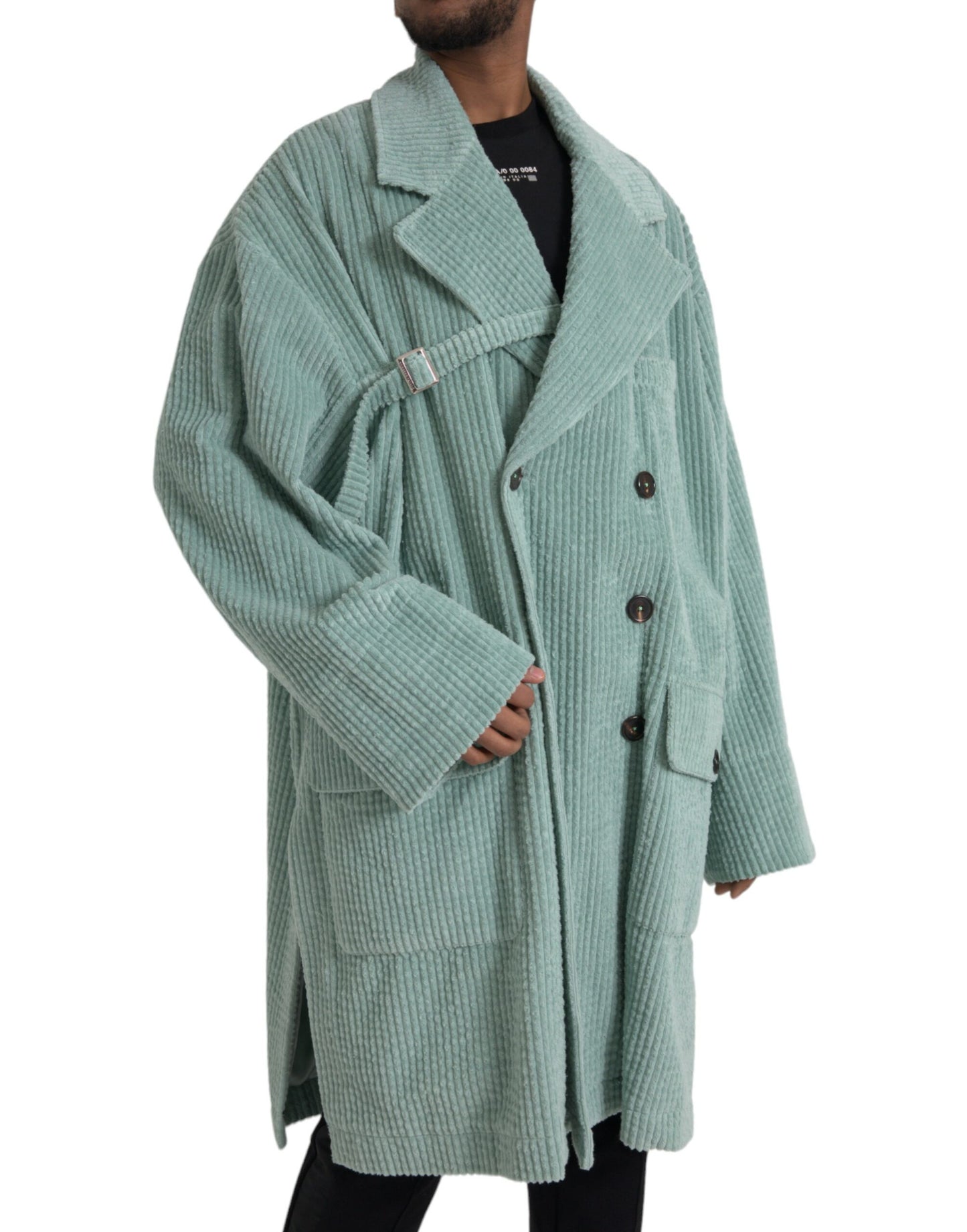 Chaqueta de pana de algodón azul con doble botonadura