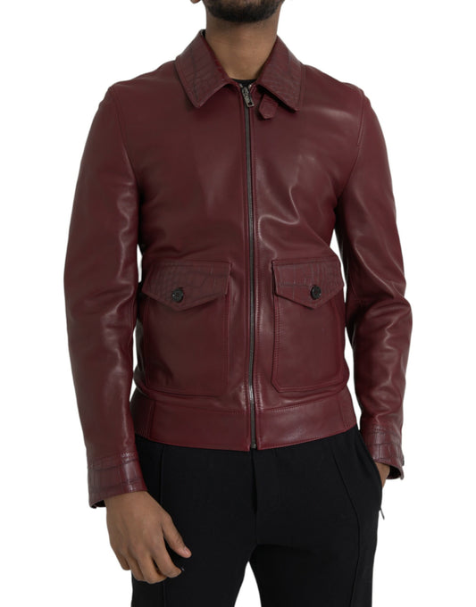 Chaqueta biker de cuero exótico color granate con cremallera
