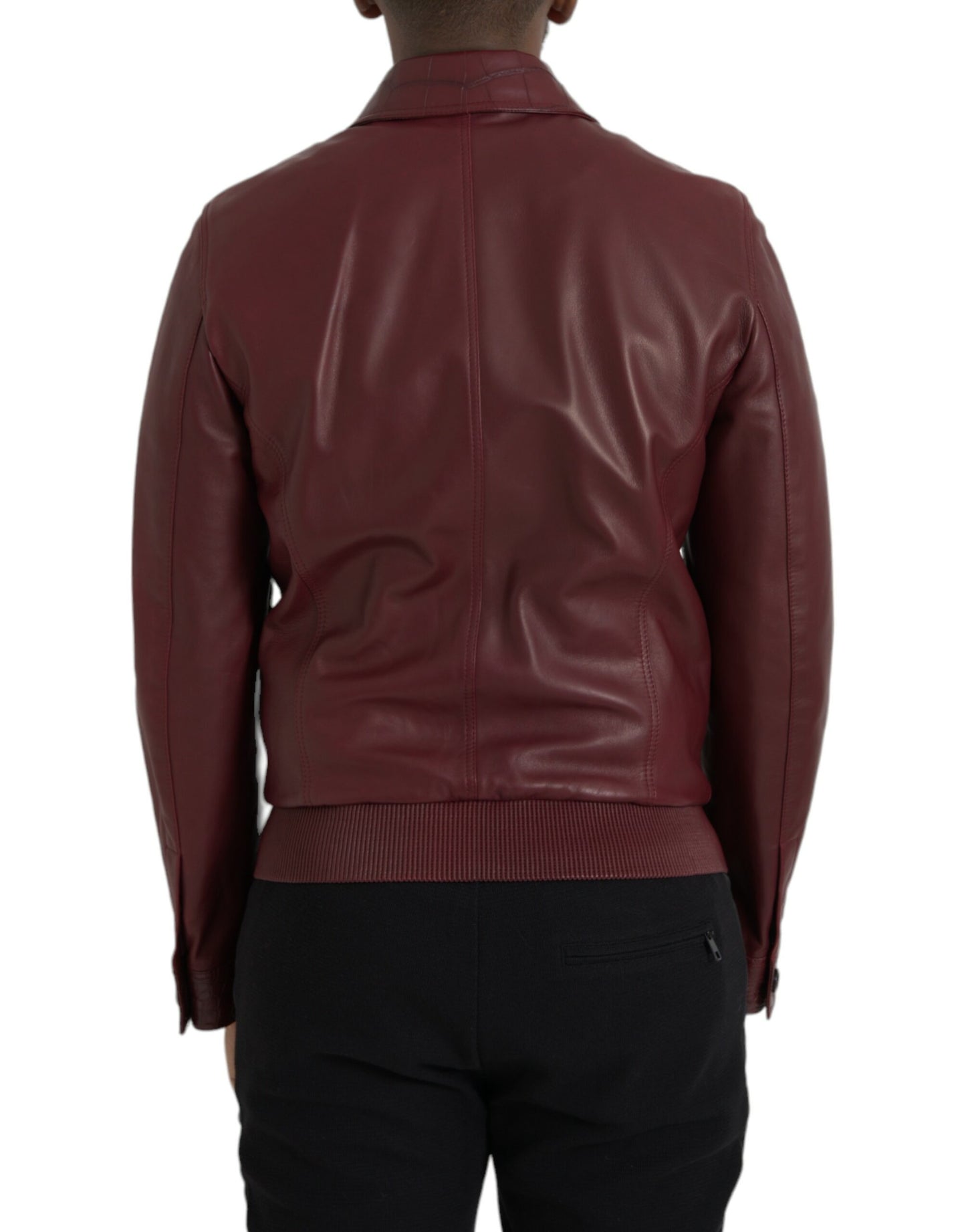 Chaqueta biker de cuero exótico color granate con cremallera