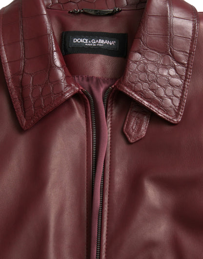 Chaqueta biker de cuero exótico color granate con cremallera