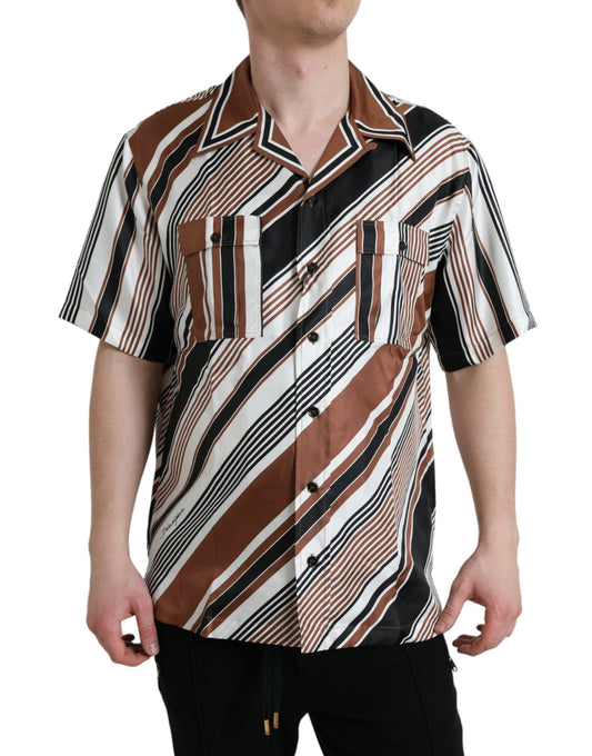 Camisa de manga corta a rayas de seda marrón y blanca