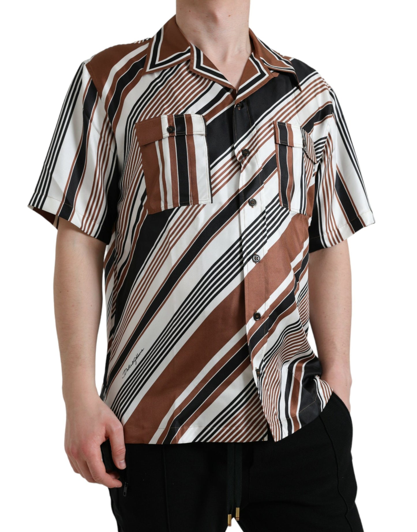 Camisa de manga corta a rayas de seda marrón y blanca