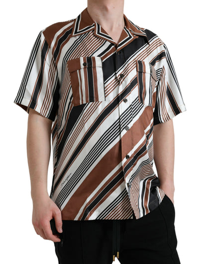 Camisa de manga corta a rayas de seda marrón y blanca