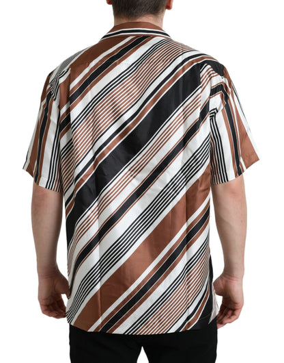 Camisa de manga corta a rayas de seda marrón y blanca