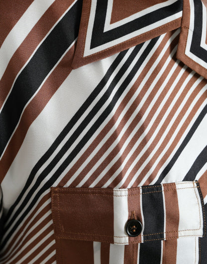 Camisa de manga corta a rayas de seda marrón y blanca