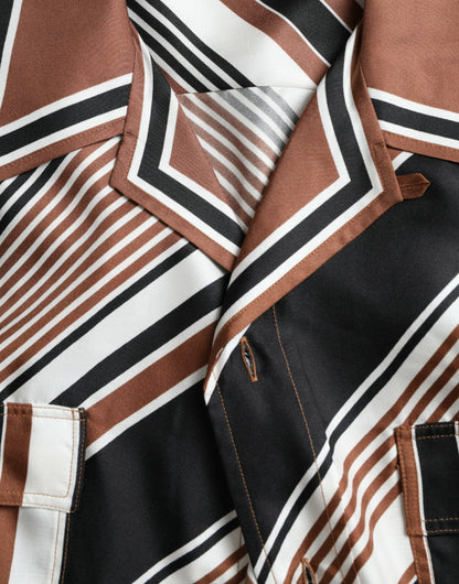 Camisa de manga corta a rayas de seda marrón y blanca