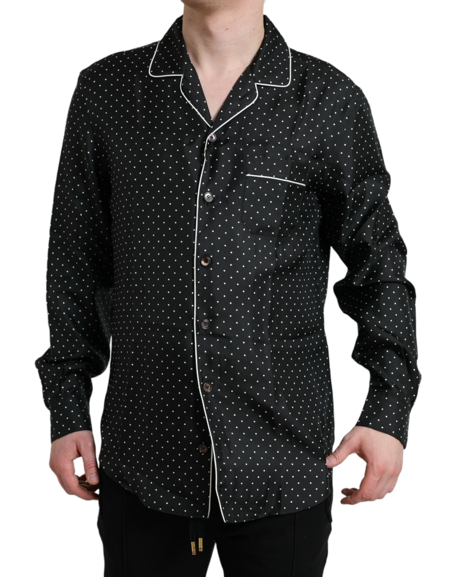 Camisa de manga larga de seda con lunares negros