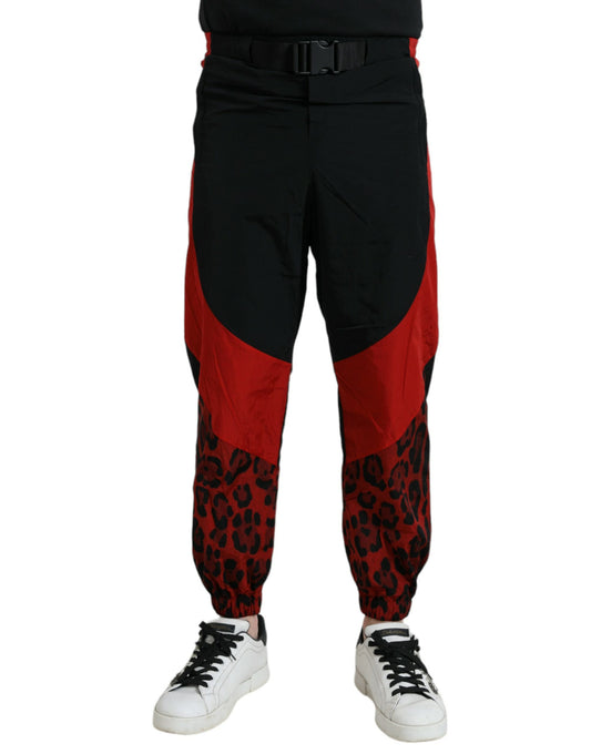 Pantalones deportivos de nailon con estampado de leopardo en negro y rojo