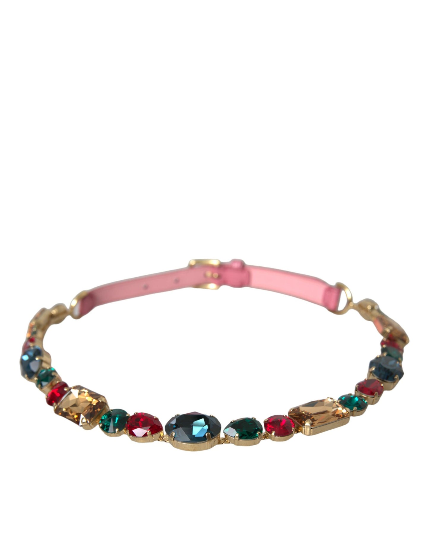 Cinturón de cuero rosa adornado con cadena de cristales