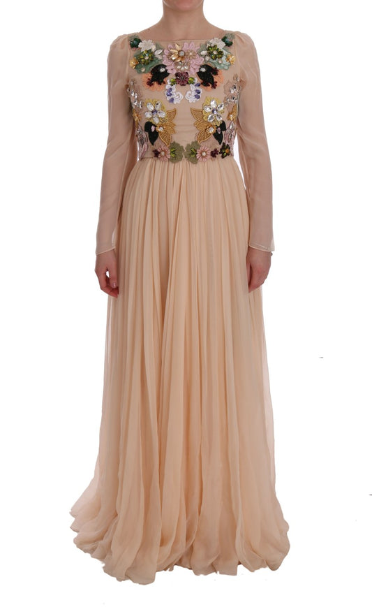 Elegante vestido largo de seda con bordado floral