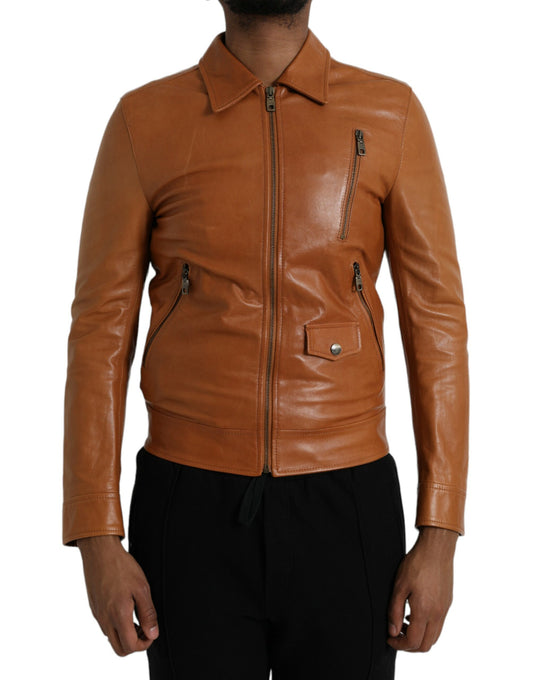 Chaqueta tipo blusón de piel de cordero marrón con cremallera completa