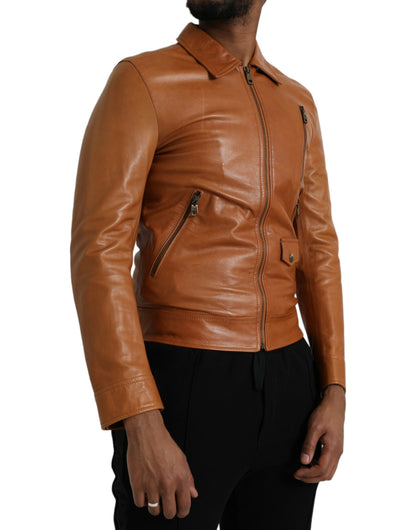 Chaqueta tipo blusón de piel de cordero marrón con cremallera completa