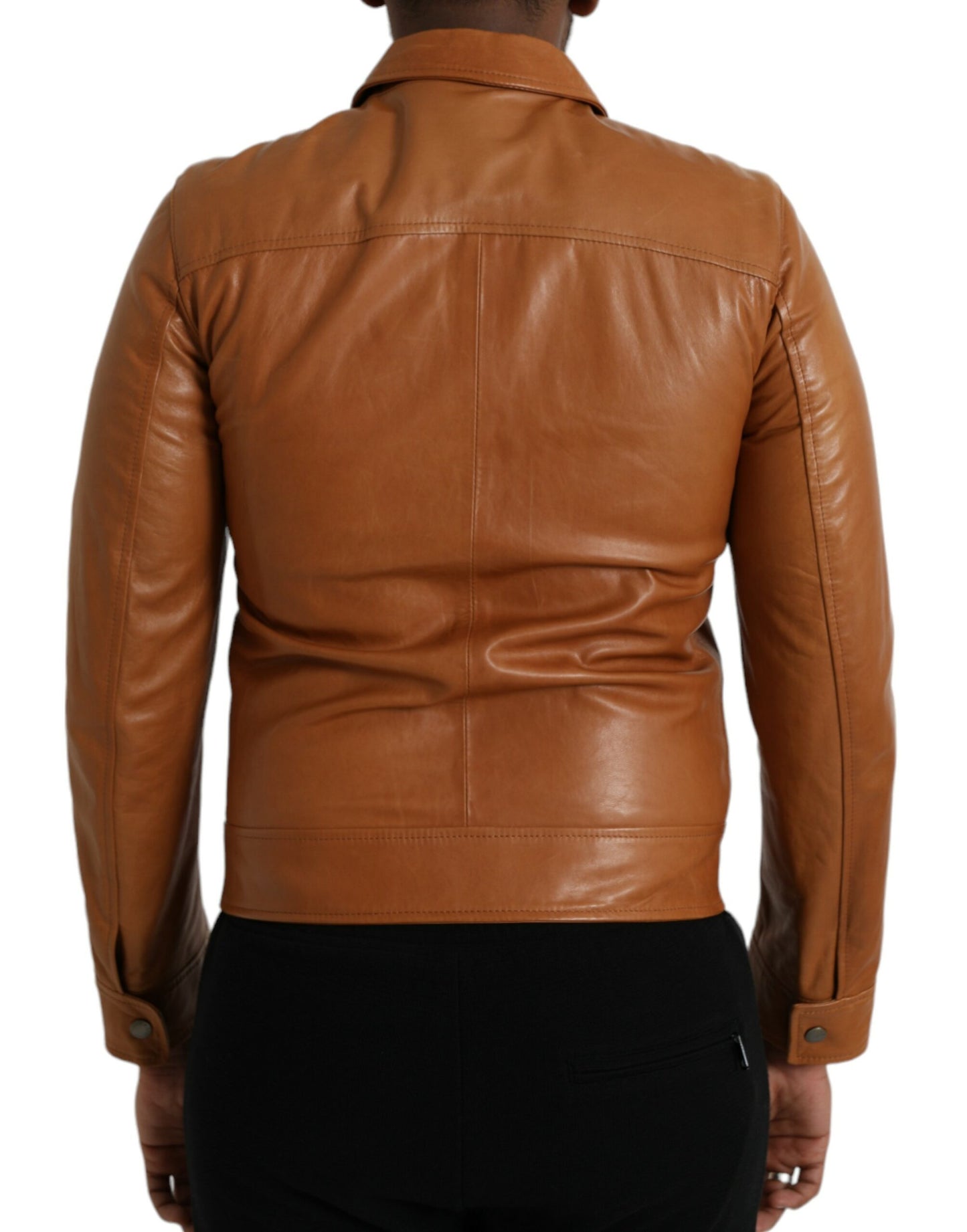 Chaqueta tipo blusón de piel de cordero marrón con cremallera completa