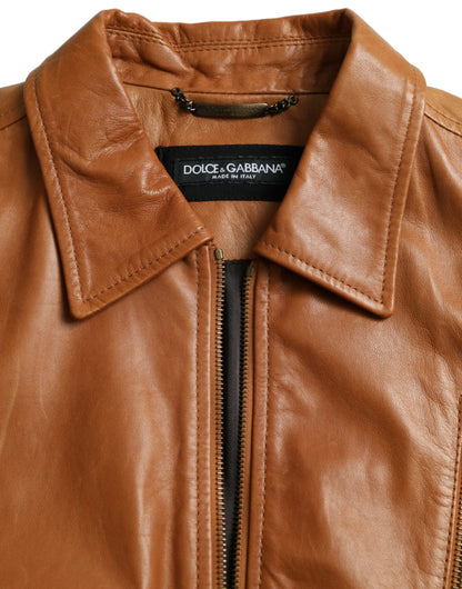 Chaqueta tipo blusón de piel de cordero marrón con cremallera completa