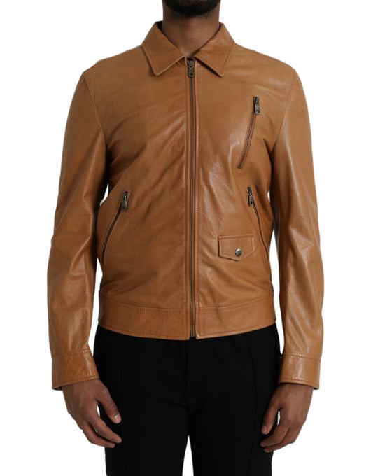 Chaqueta tipo blusón de piel de cordero marrón con cremallera completa