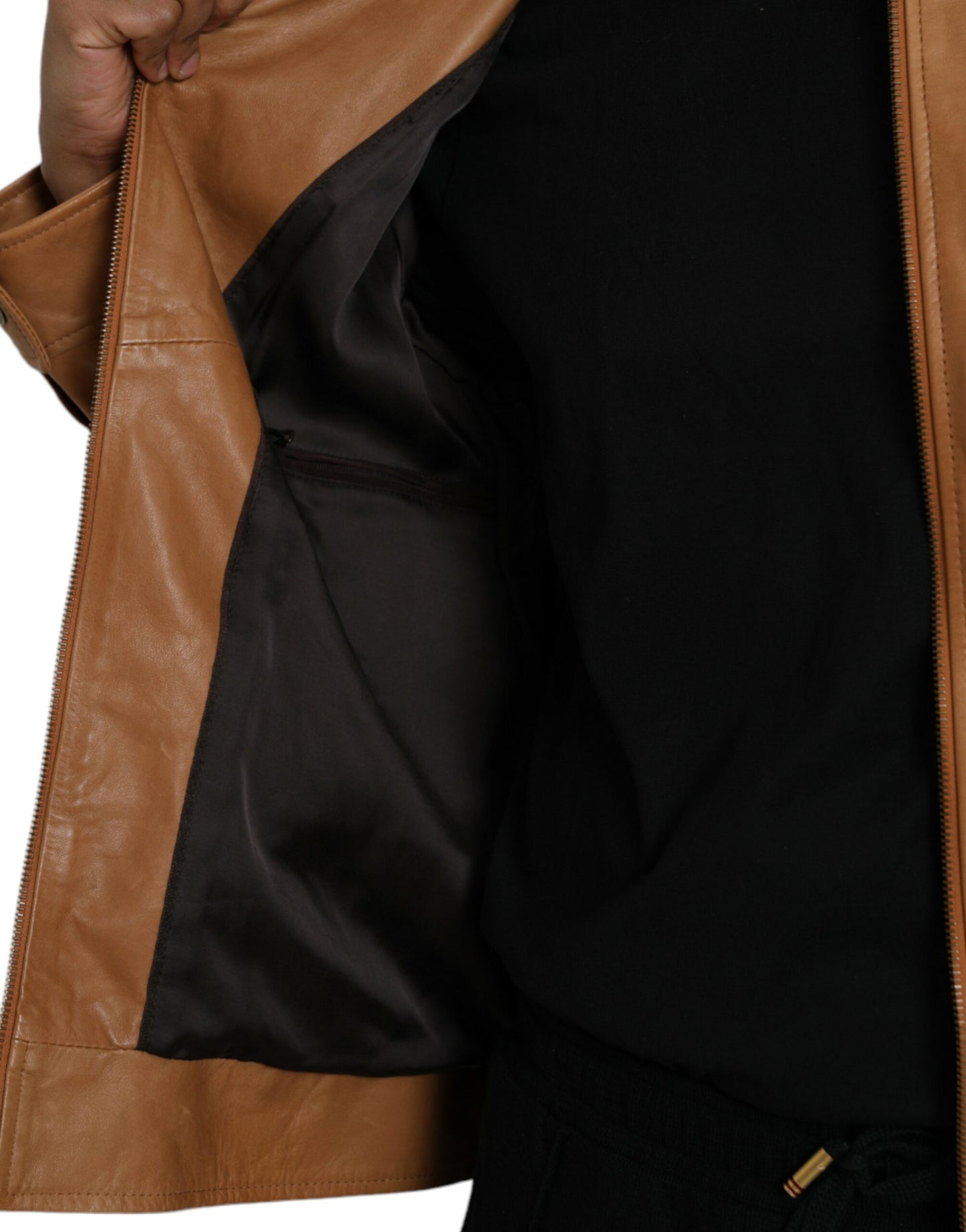 Chaqueta tipo blusón de piel de cordero marrón con cremallera completa