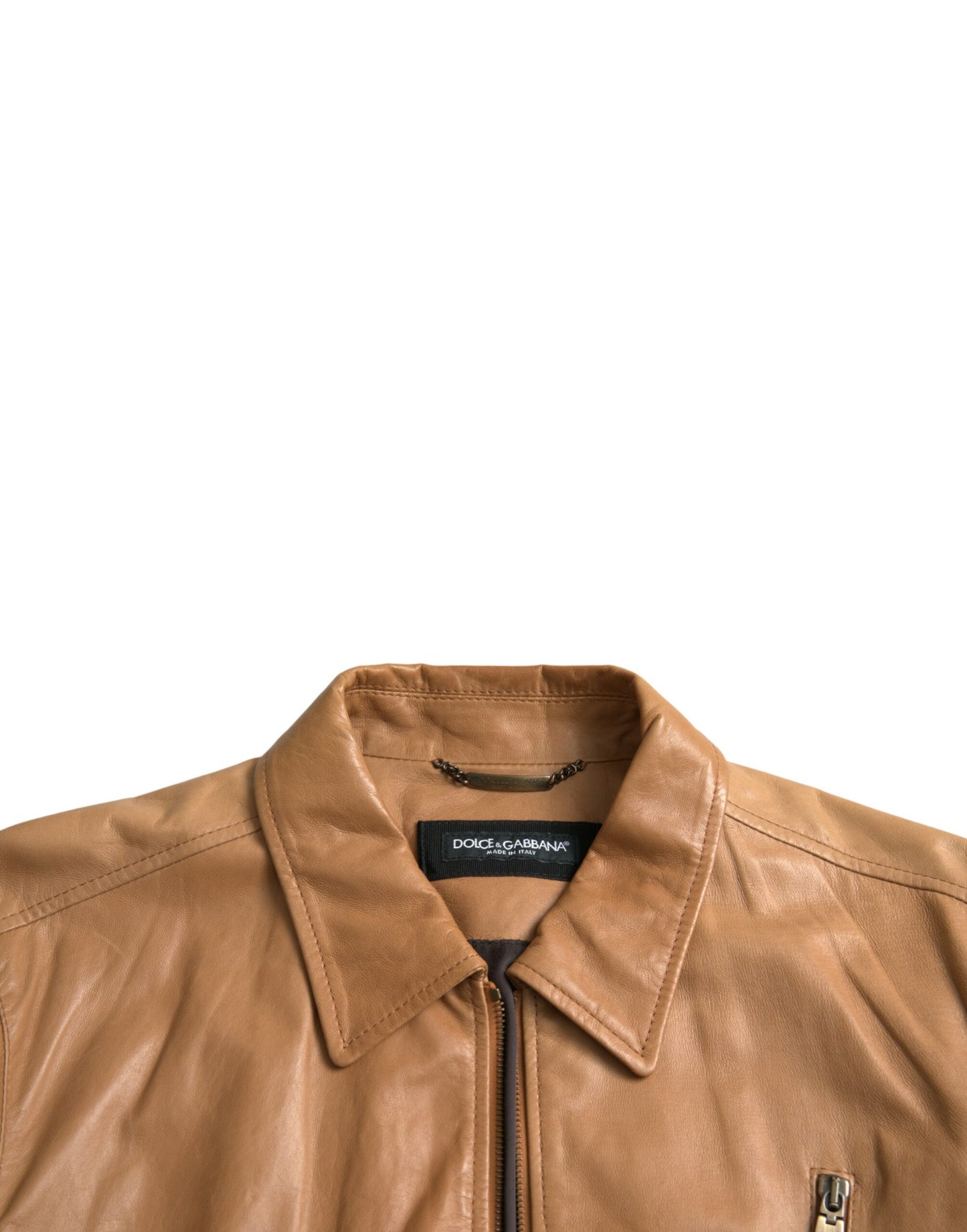 Chaqueta tipo blusón de piel de cordero marrón con cremallera completa