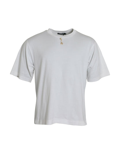 Camiseta blanca de algodón con cuello redondo y adornos