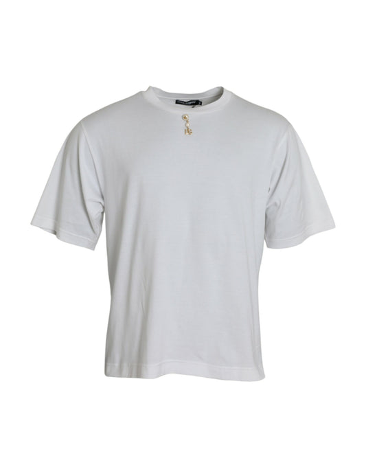 Camiseta blanca de algodón con cuello redondo y adornos