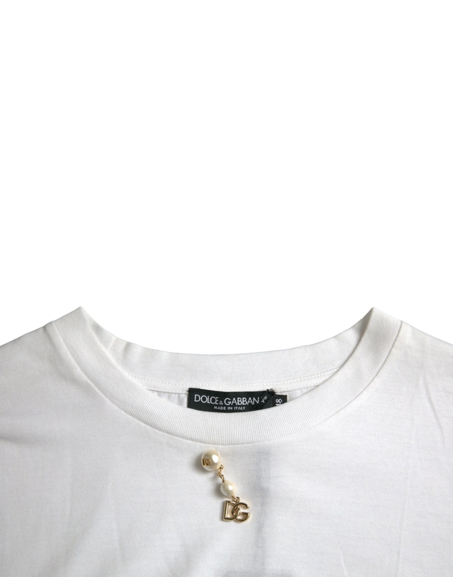 Camiseta blanca de algodón con cuello redondo y adornos