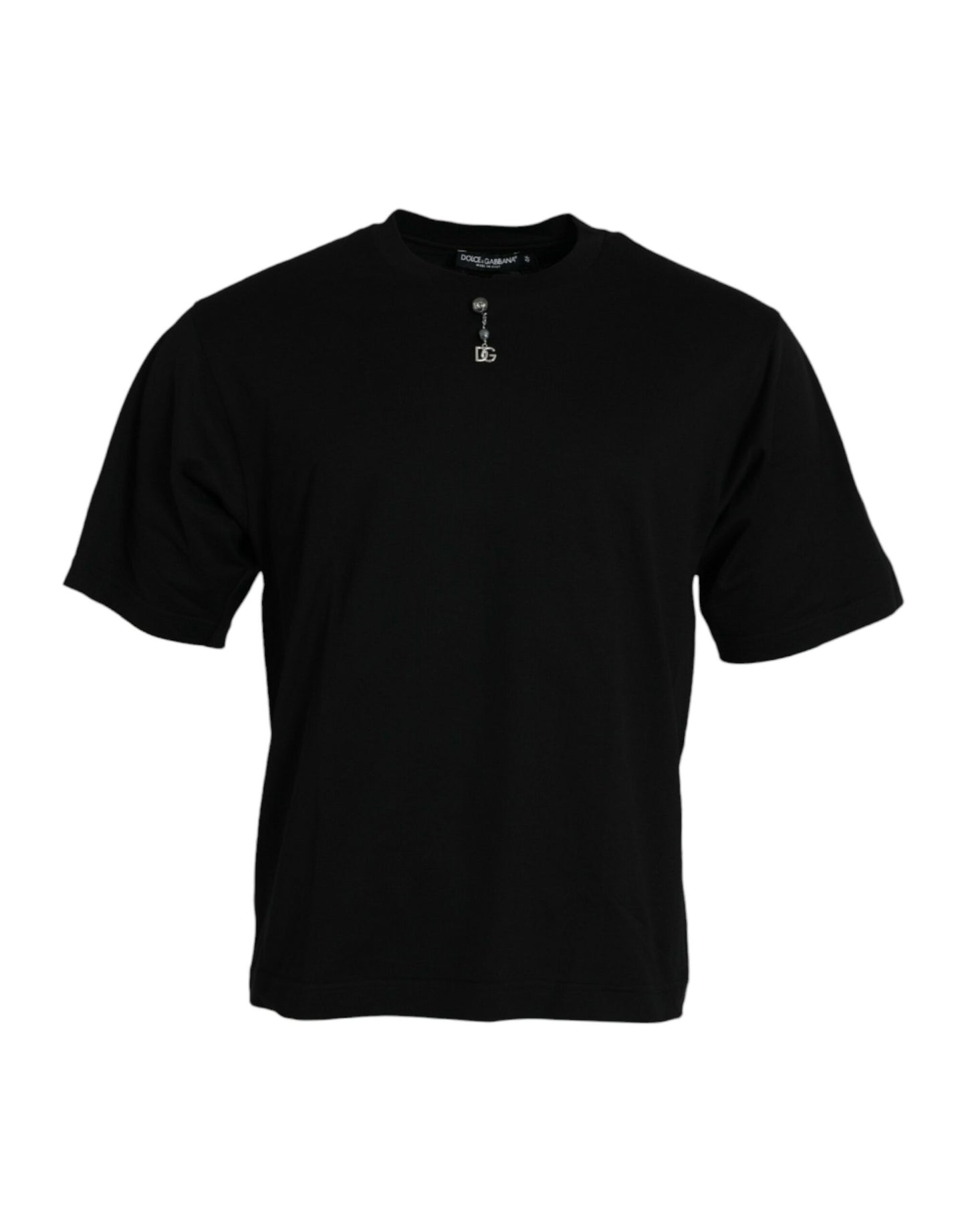 Camiseta negra de algodón con cuello redondo y adornos