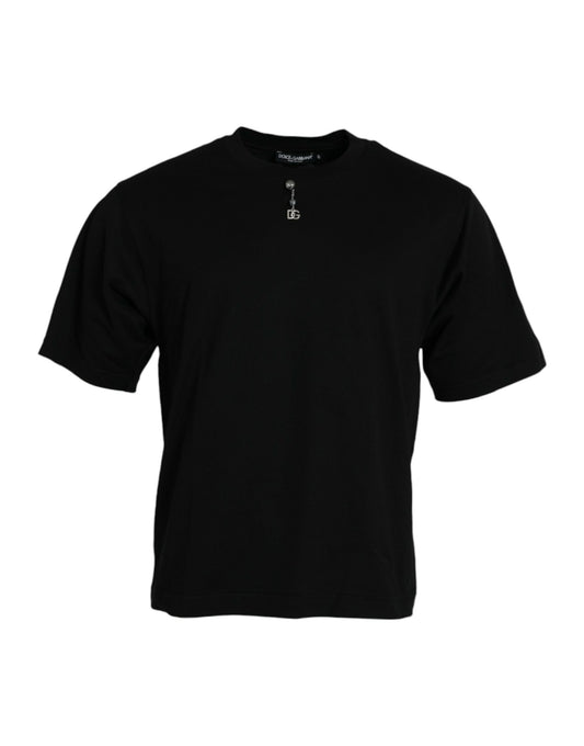 Camiseta negra de algodón con cuello redondo y adornos