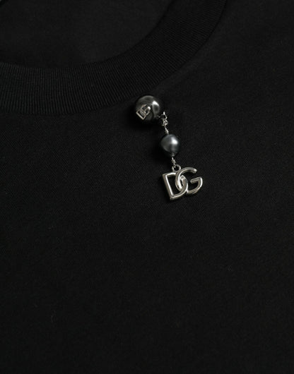 Camiseta negra de algodón con cuello redondo y adornos