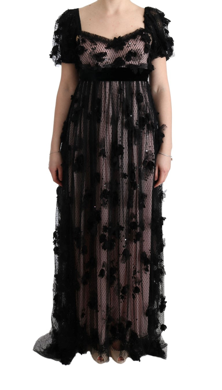 Elegante vestido largo con apliques florales