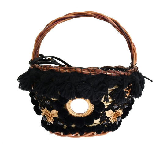 Elegante bolso tipo cubo de piel de serpiente en paja beige y negra
