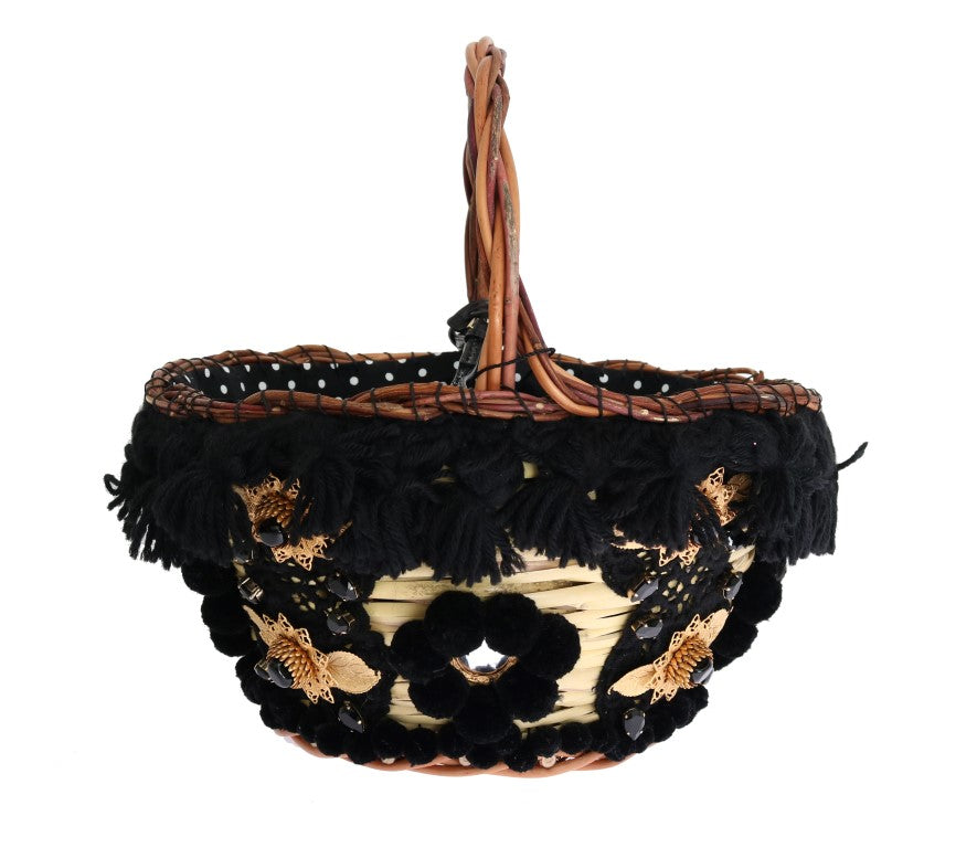 Elegante bolso tipo cubo de piel de serpiente en paja beige y negra