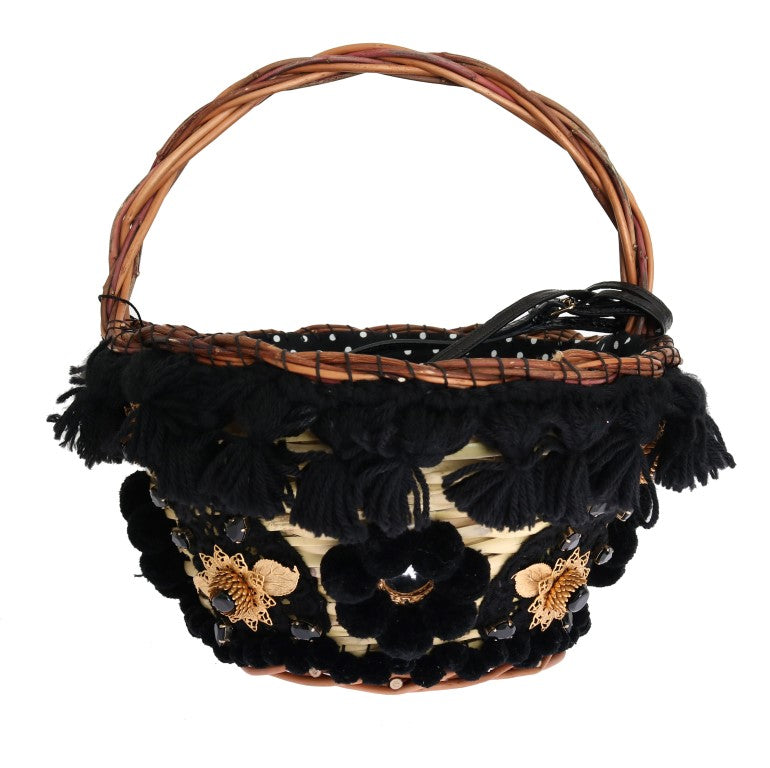 Elegante bolso tipo cubo de piel de serpiente en paja beige y negra