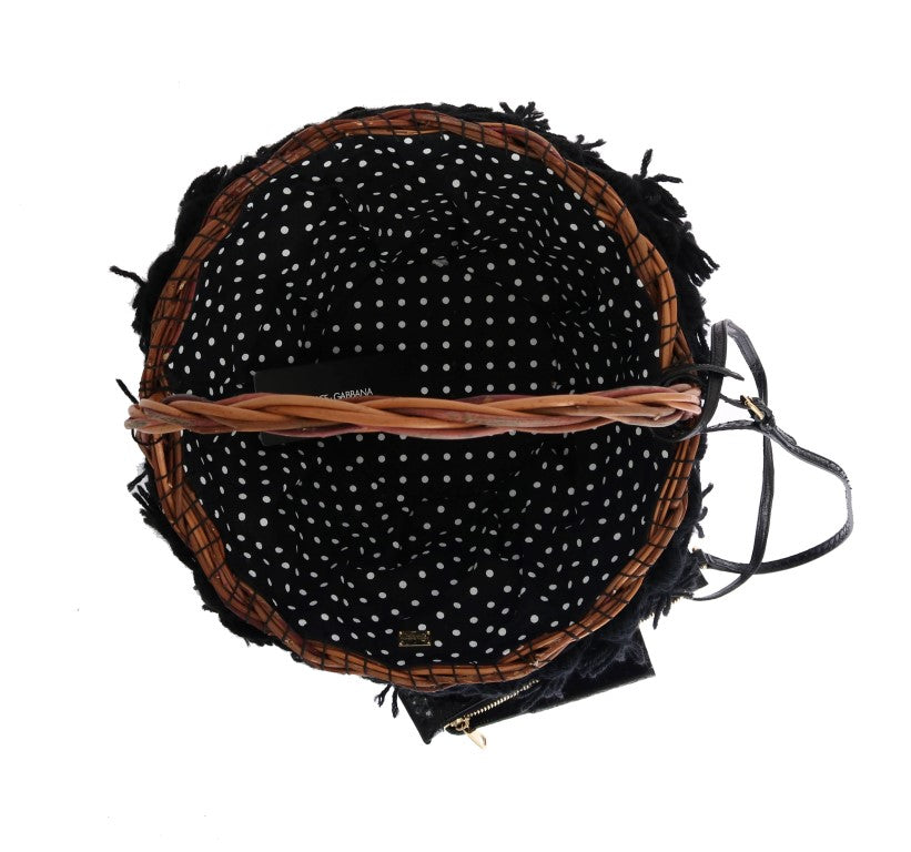 Elegante bolso tipo cubo de piel de serpiente en paja beige y negra