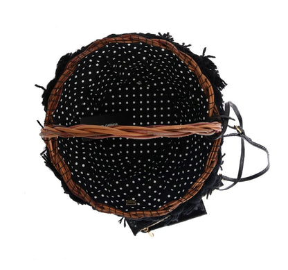 Elegante bolso tipo cubo de piel de serpiente en paja beige y negra