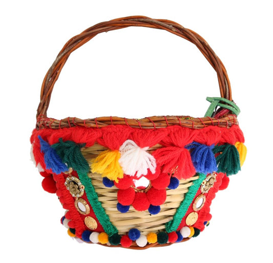 Elegante bolso tote de paja beige y pompones de pieles exóticas