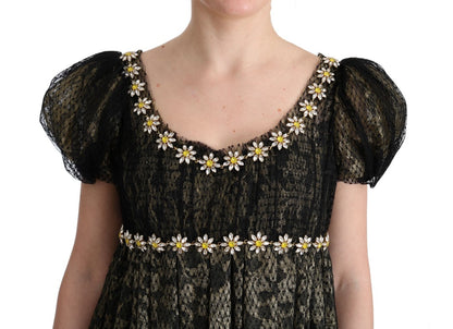 Vestido largo recto con encaje de girasol y cristales