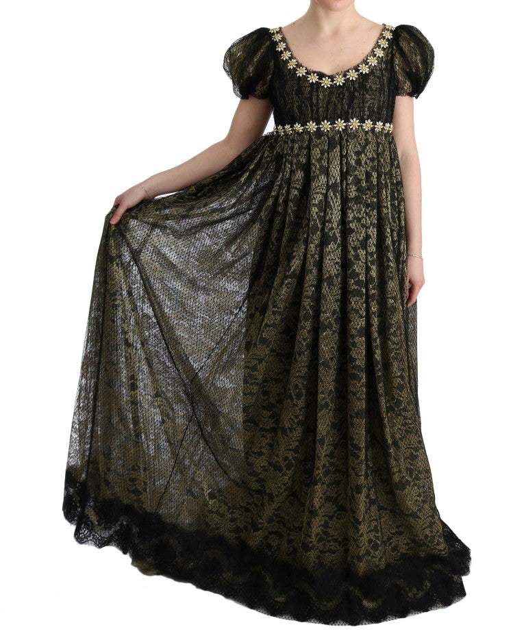 Vestido largo recto con encaje de girasol y cristales