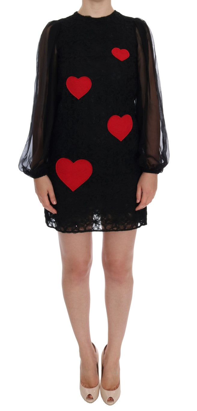 Elegante vestido recto con apliques de corazón de encaje negro