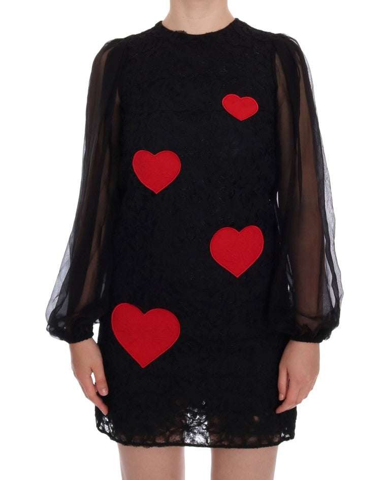Elegante vestido recto con apliques de corazón de encaje negro
