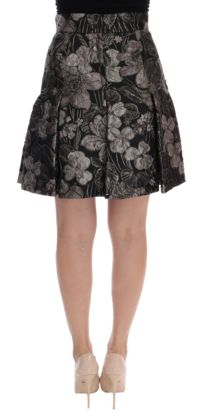 Elegante falda recta con estampado floral negro y plateado