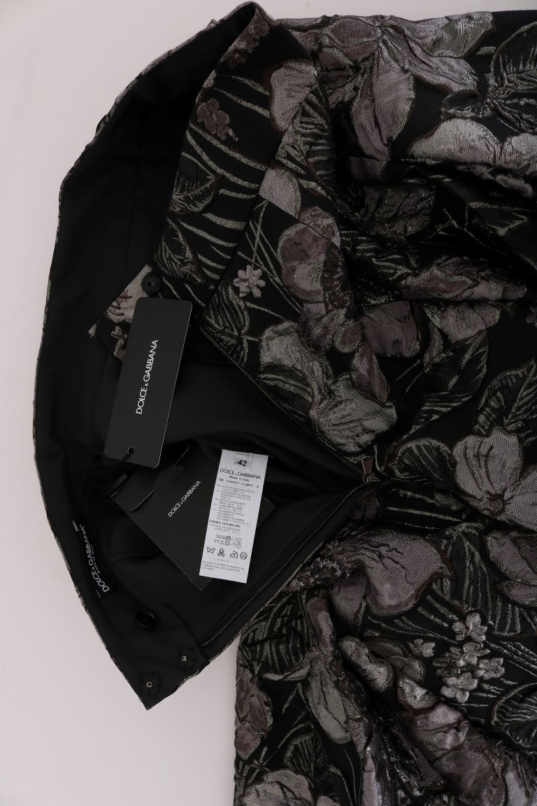Elegante falda recta con estampado floral negro y plateado