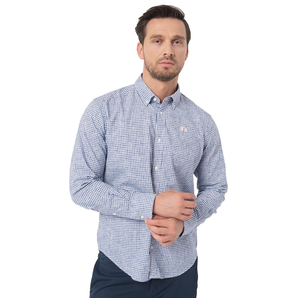 Camisa elegante de algodón a cuadros con logotipo bordado